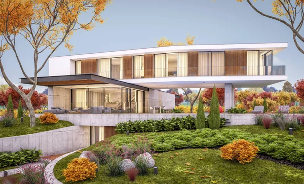 3d representación de casa moderna en la colina con piscina en la víspera de otoño — Foto de Stock