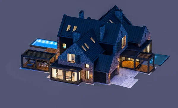 Renderowania 3D domu nowoczesne klinkieru na stawy z basenem w n — Zdjęcie stockowe