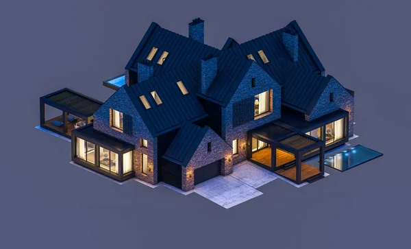 3d renderização de casa clinker moderno nas lagoas com piscina em n — Fotografia de Stock