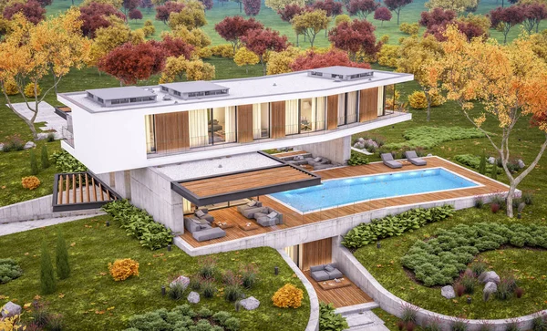 3d rendering of modern house on the hill with pool in autumn eve — Stock Photo, Image