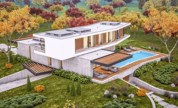 3D-Rendering von modernen Haus auf dem Hügel mit Pool im Herbst Abend — Stockfoto