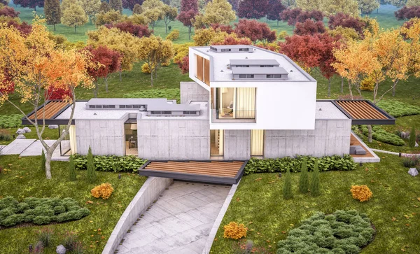 3D-rendering van modern huis op de heuvel met zwembad in de herfstavond — Stockfoto