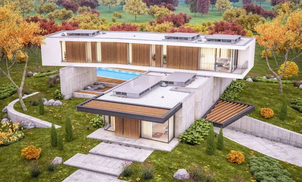 3D απόδοση του σύγχρονου σπιτιού στο λόφο με πισίνα την παραμονή του φθινοπώρου — Φωτογραφία Αρχείου