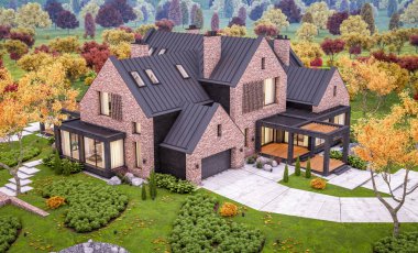 Bir havuz ile göletlerde modern klinker evin 3d render