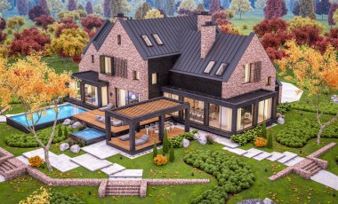 Bir havuz ile göletlerde modern klinker evin 3d render