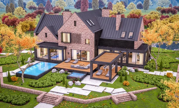 3d representación de la casa clinker moderna en los estanques con piscina en un — Foto de Stock