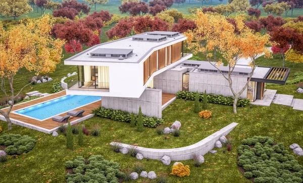 3D-Rendering von modernen Haus auf dem Hügel mit Pool im Herbst Abend — Stockfoto