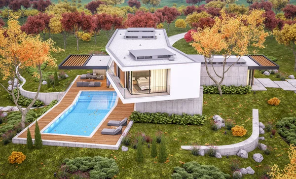 3D-Rendering von modernen Haus auf dem Hügel mit Pool im Herbst Abend — Stockfoto