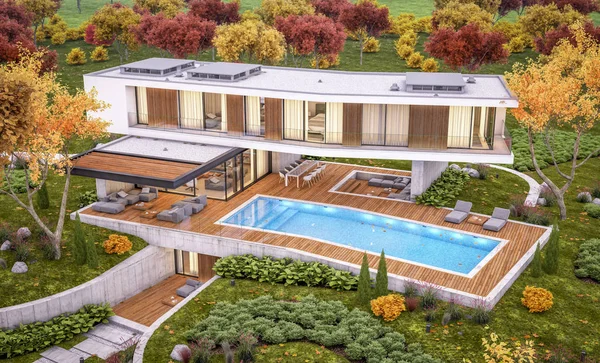 3D рендеринг современного дома на холме с бассейном в канун осени — стоковое фото