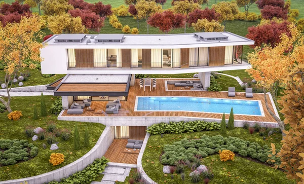 3D-rendering av moderna hus på kullen med pool i höst afton — Stockfoto