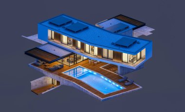 Gece isol havuz ile tepede modern evin 3d render