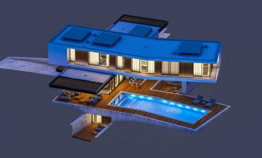 Gece isol havuz ile tepede modern evin 3d render