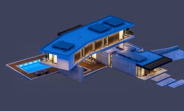 Gece isol havuz ile tepede modern evin 3d render