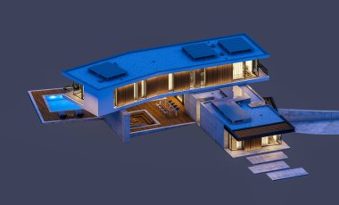 Gece isol havuz ile tepede modern evin 3d render
