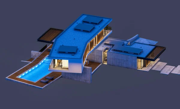 3D-Rendering von modernen Haus auf dem Hügel mit Pool in der Nacht isol — Stockfoto