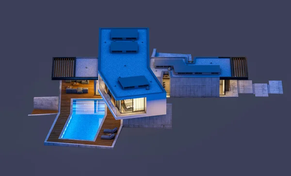 Prostorové ztvárnění moderního domu na kopci s bazénem v nočním isolu — Stock fotografie