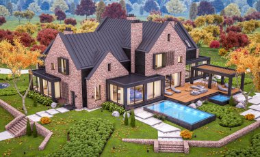 Bir havuz ile göletlerde modern klinker evin 3d render