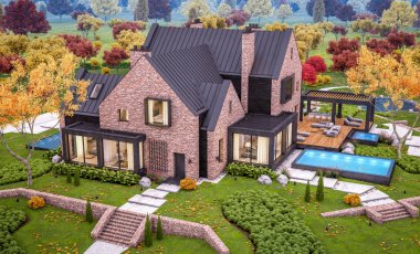 Bir havuz ile göletlerde modern klinker evin 3d render