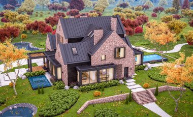 Bir havuz ile göletlerde modern klinker evin 3d render