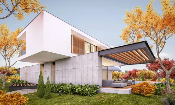 3d rendering of modern house on the hill with pool in autumn eve