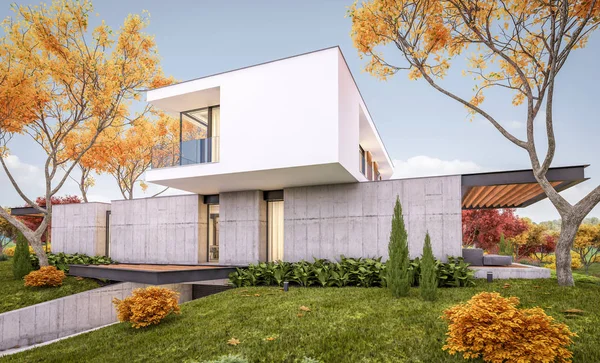 가을 이브에 수영장과 언덕에 현대 집의 3D 렌더링 — 스톡 사진