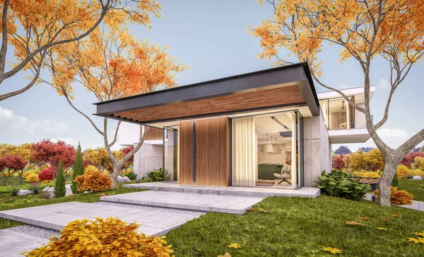 Renderowanie 3D nowoczesnego domu na wzgórzu z basenem w przeddzień jesienny — Zdjęcie stockowe