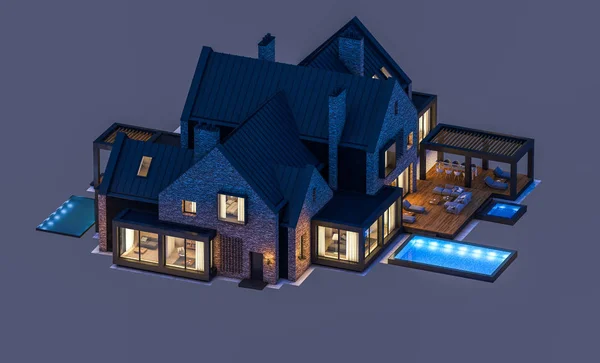 3D рендеринг современного клинкерного домика на прудах с бассейном в п — стоковое фото