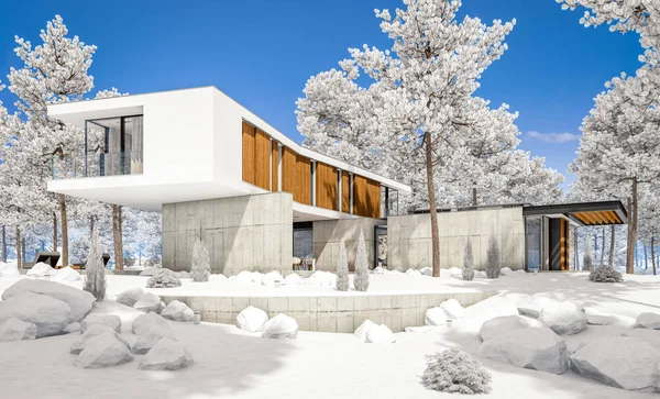 3D рендеринг современного дома на холме с бассейном в зимний день — стоковое фото