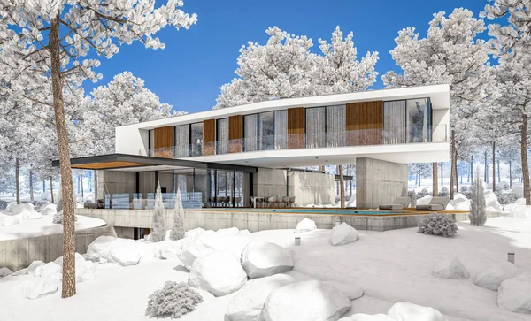 3D-rendering van modern huis op de heuvel met zwembad in de winterdag — Stockfoto