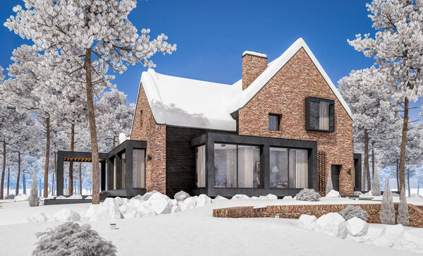 3D рендеринг современного клинкерного дома на прудах с бассейном в г
