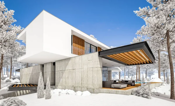 3D-rendering van modern huis op de heuvel met zwembad in de winterdag — Stockfoto