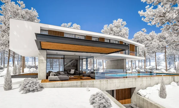 Rendering 3d della casa moderna sulla collina con piscina nella giornata invernale — Foto Stock