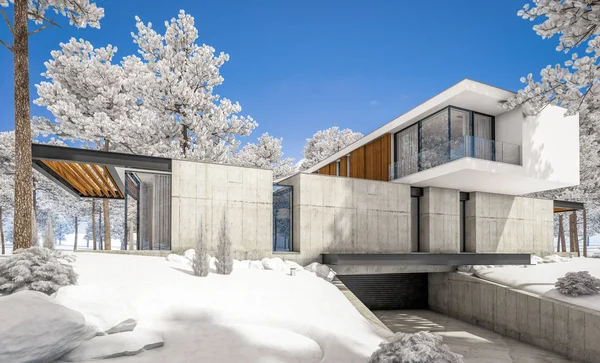 3d rendering of modern house on the hill with pool in winter day
