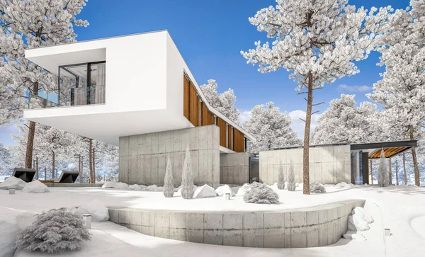 3d rendering of modern house on the hill with pool in winter day