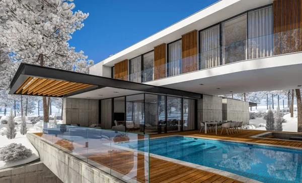 3d rendering of modern house on the hill with pool in winter day — Stock Photo, Image