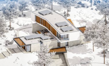 Kış gününde havuz ile tepede modern evin 3d render
