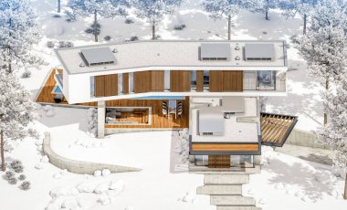 Kış gününde havuz ile tepede modern evin 3d render