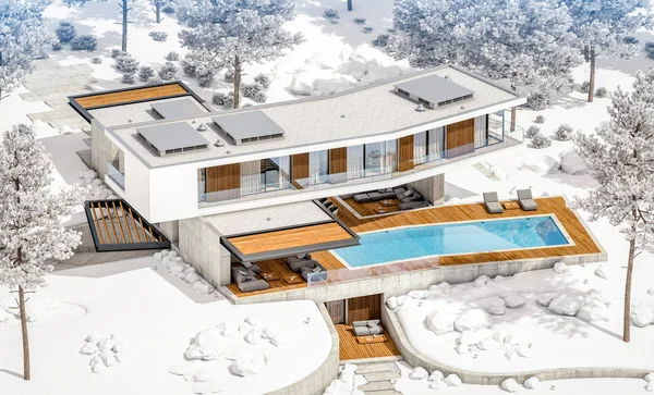 Renderowanie 3D nowoczesnego domu na wzgórzu z basenem w zimie — Zdjęcie stockowe
