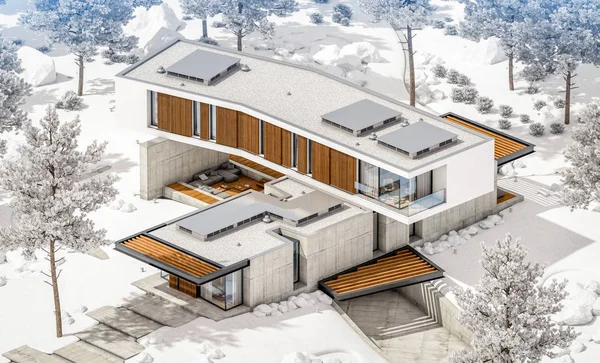 Renderowanie 3D nowoczesnego domu na wzgórzu z basenem w zimie — Zdjęcie stockowe