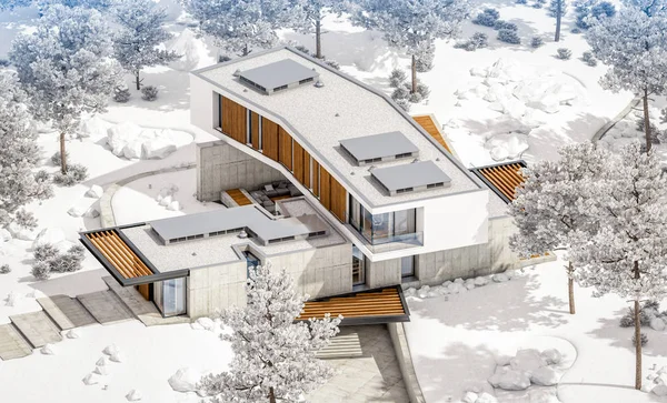 겨울 날에 수영장과 언덕에 현대 집의 3D 렌더링 — 스톡 사진