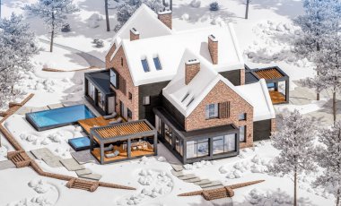 w havuzlu havuzlarda modern klinker evin 3d render