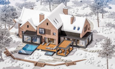w havuzlu havuzlarda modern klinker evin 3d render