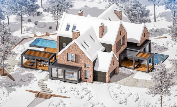 w havuzlu havuzlarda modern klinker evin 3d render
