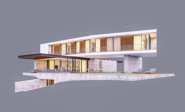 3D renderelés a modern ház a dombon a medence elszigetelt a g — Stock Fotó