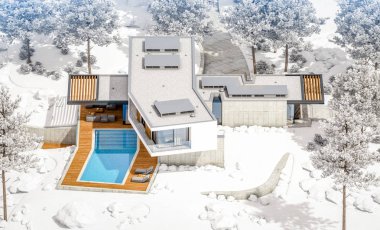 Kış gününde havuz ile tepede modern evin 3d render