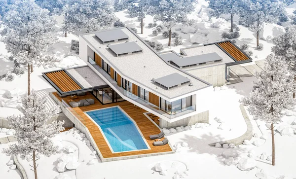 3d rendering of modern house on the hill with pool in winter day — Stock Photo, Image