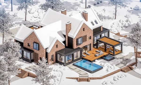 3D-rendering van modern klinker huis op de vijvers met zwembad in w — Stockfoto