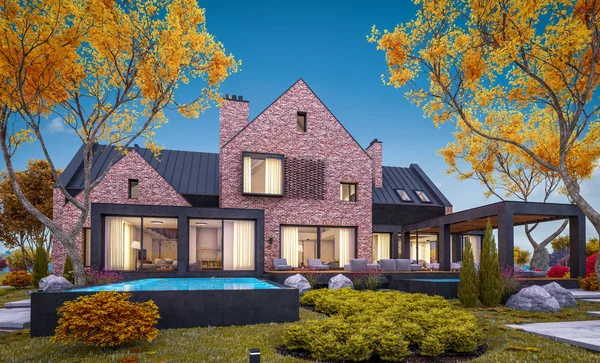 3D-rendering van modern klinker huis op de vijvers met zwembad in een — Stockfoto