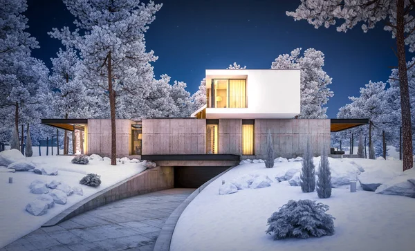 Rendering 3d della casa moderna sulla collina con piscina in inverno nig — Foto Stock