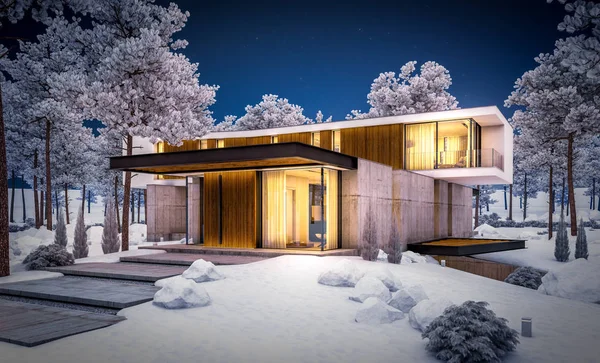 Renderowanie 3D nowoczesnego domu na wzgórzu z basenem zimą nig — Zdjęcie stockowe